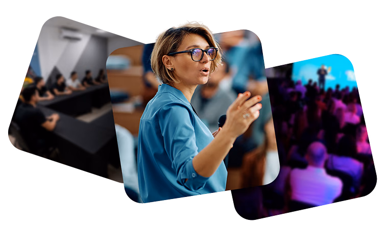 Colagem de fotos de eventos: plateia em palestra, palestrante falando ao microfone e público em show com iluminação colorida